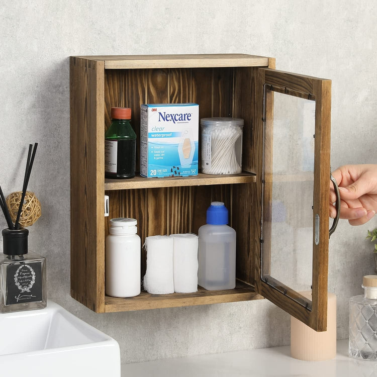 Burnt Wood Curio Cabinet, Wall Mounted Wooden Collectible Display Shelves and Case with Clear Acrylic Panel Door-MyGift