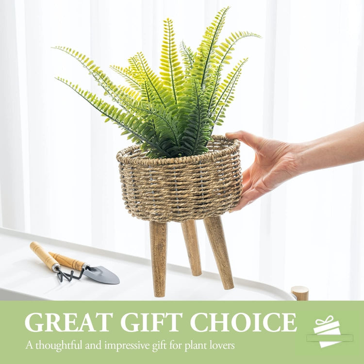 9 Inch Woven Seagrass Indoor Planter Pot Basket with Mango Wood Riser Legs, Decorative Plant Container Stand-MyGift
