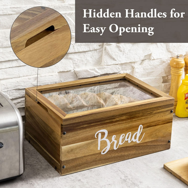 14 Inch Acacia Wood Bread Box with Clear Acrylic Window Top Lid and White Cursive "Bread" Label for Kitchen Counter-MyGift
