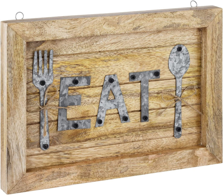 Mango Wood EAT Wall Sign with Galvanized Metal Letters, Spoon and Fork Design-MyGift