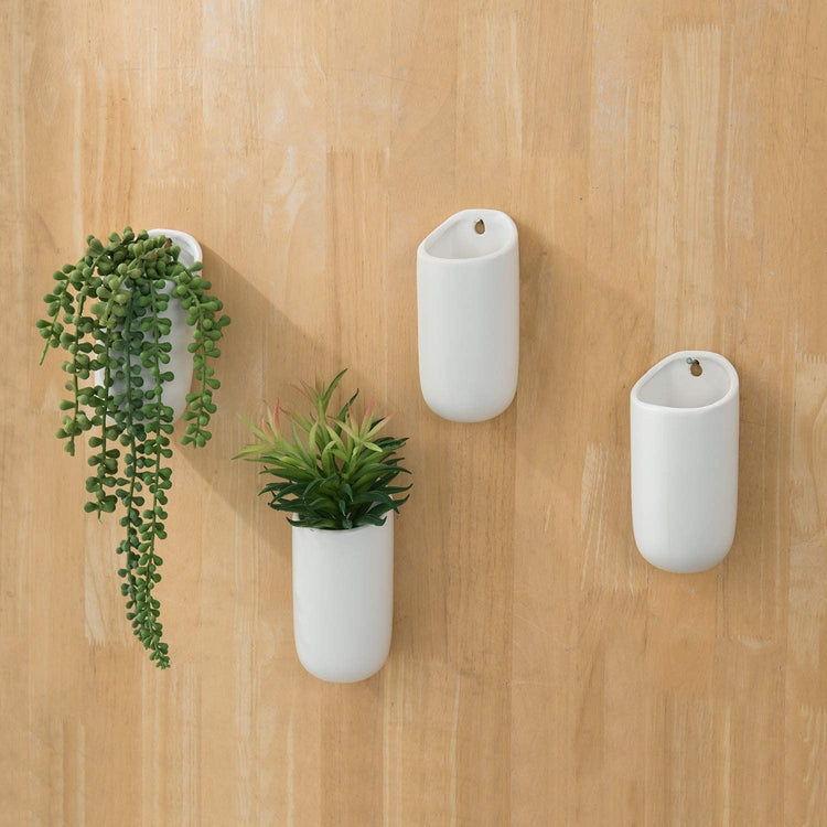 Set of 4, Matte White Ceramic Wall Mounted Cylindrical Succulent Flower Planter Pots-MyGift