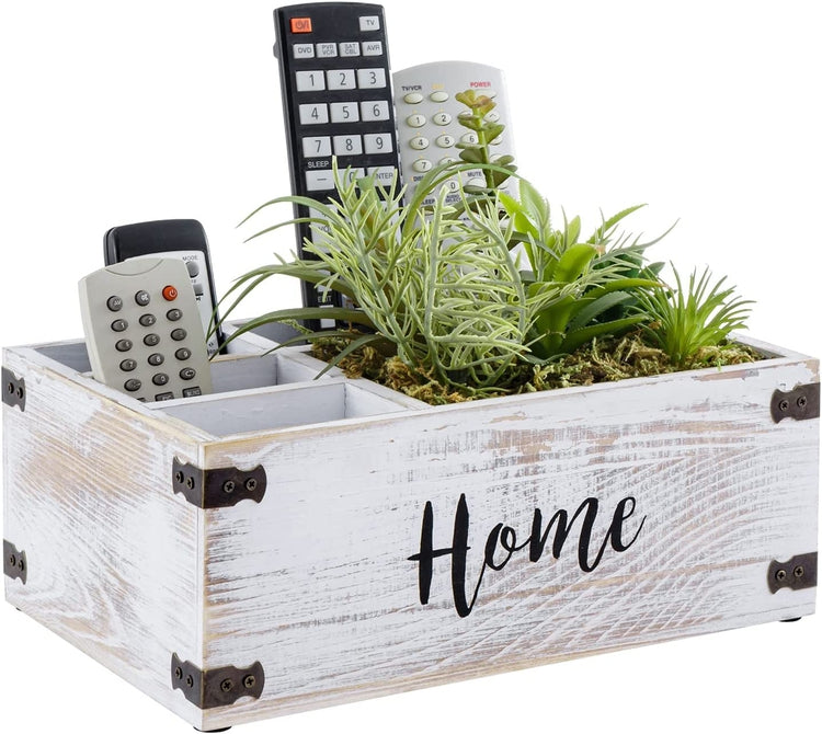 Whitewashed Wood Remote Control Caddy with Artificial Succulent Planter, Black Metal Accents, Cursive "Home" Lettering-MyGift