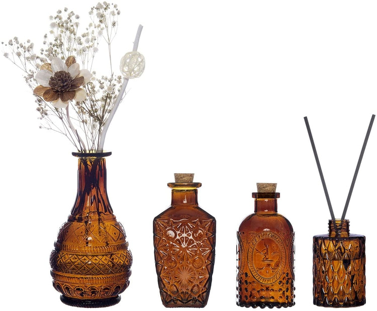 Set of 4, Embossed Amber Glass Decorative Reed Diffusers with Cork Lids, Small Apothecary Style Flower Bud Vases-MyGift