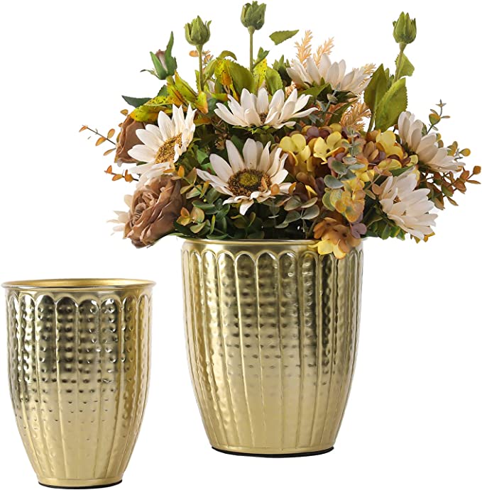 Art Deco Style Hammered Brass Tone Metal Round Flower Vases/Planter Po –  Mygift