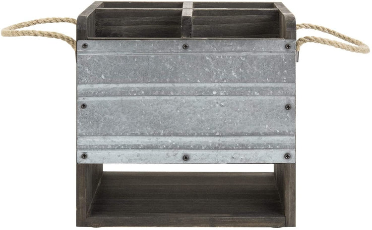 Dark Gray Rustic Wood & Galvanized Metal Dining Utensils Holder Caddy w/ Napkin Slot-MyGift