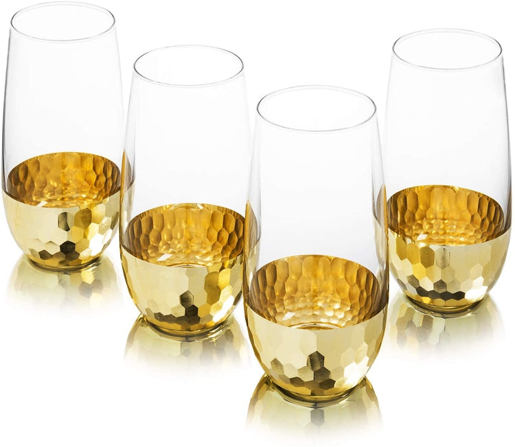 Set of 4 Modern Stemless Wine Flute Glasses w/ Hammered Brass Plated Design-MyGift