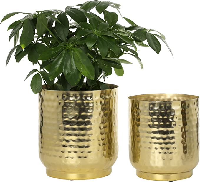 Set of 2 Hammered Brass-Tone Metal Planter Pot Indoor Plant Container, 6-Inch and 5-inch-MyGift