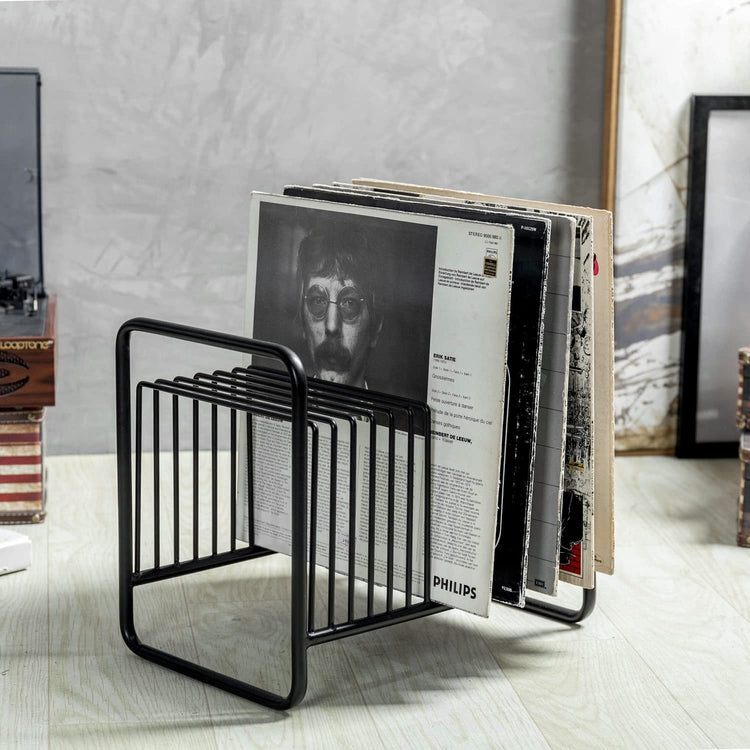 Industrial Style Black Metal Vinyl Record Album 2-Way Storage Organizer Rack, Wire Turntable Media Basket-MyGift