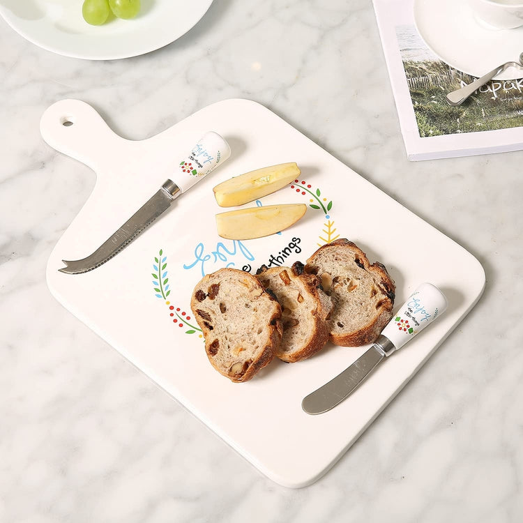 Floral Design Cheese Serving Platter White Ceramic Cutting Board Tray with Cheese Knife and Spreader-MyGift