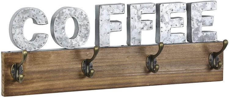 Wall Mounted Coffee Mug Rack with 8 Hooks, Rustic Burnt Wood with Galvanized Silver Metal Hanging COFFEE Sign Cup Holder-MyGift