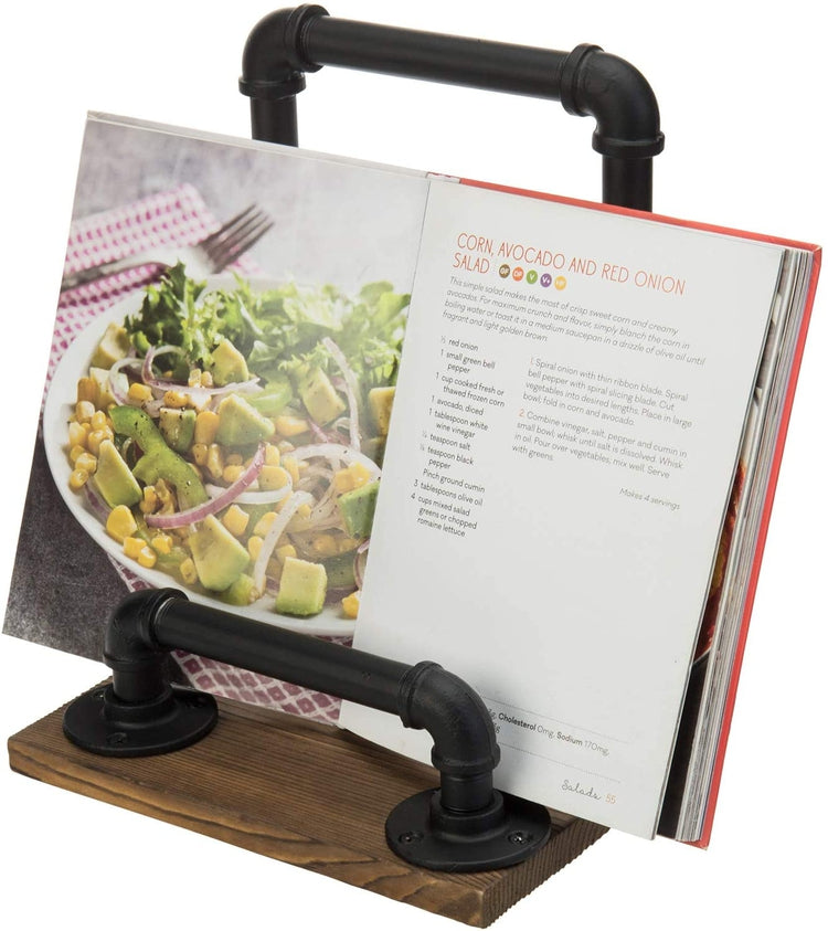 Industrial Metal Pipe and Burnt Brown Wood Cookbook Holder, Kitchen Recipe Stand-MyGift