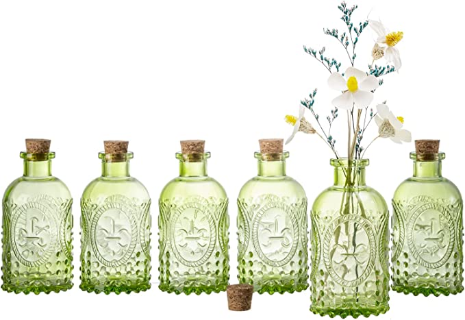 Apothecary Flower Bud Vases, Vintage Design Embossed Green Glass Reed Diffuser Bottle with Cork Lid-MyGift