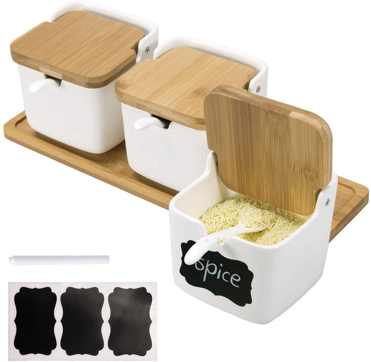 Modern White Ceramic 3 Spice Bowls with Serving Spoons, Bamboo Lids, Tray, and Labels-MyGift
