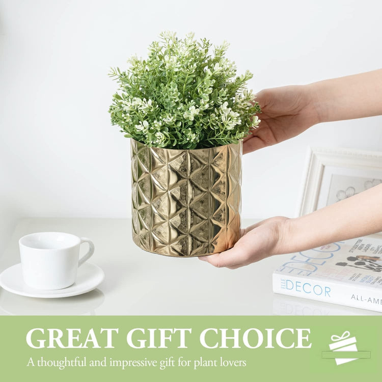 5.5 Inch Brass Tone Aluminum Planter with Geometric Embossed Triangle Pattern, Decorative Designer Metallic Flower Pot-MyGift