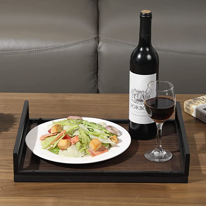 Wood Serving Tray with Cutout Handles, 16 x 12 Inch Matte Black Metal and Burnt Brown Wooden Party Server Tray-MyGift