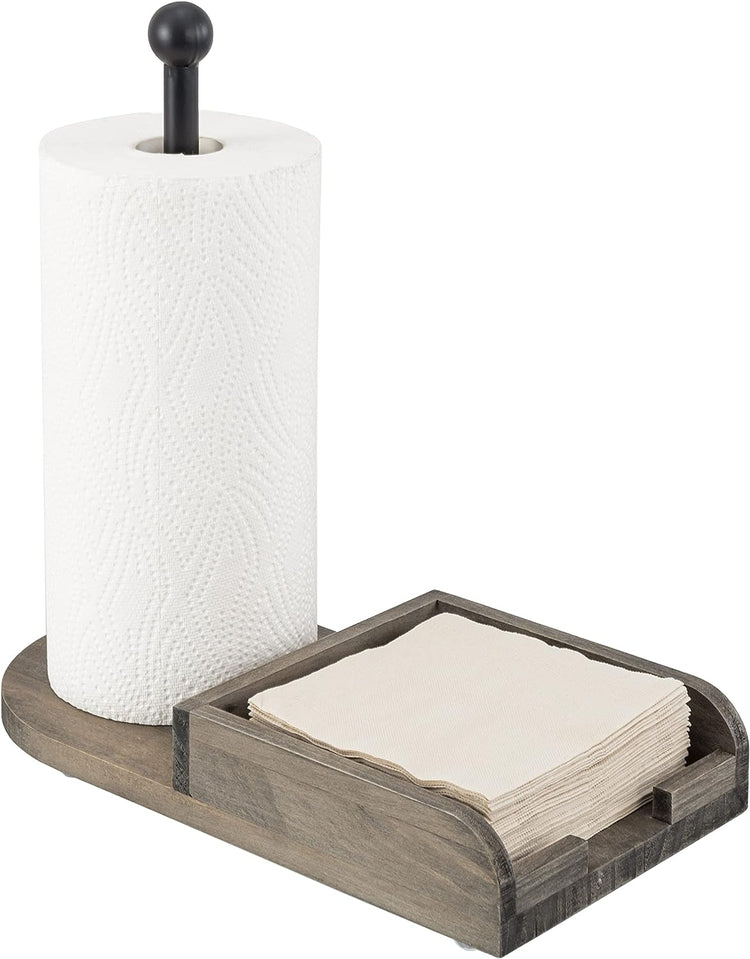 Weathered Gray Wood and Black Metal Paper Towel Roll Holder and Napkin Dispenser Combination Storage Rack-MyGift