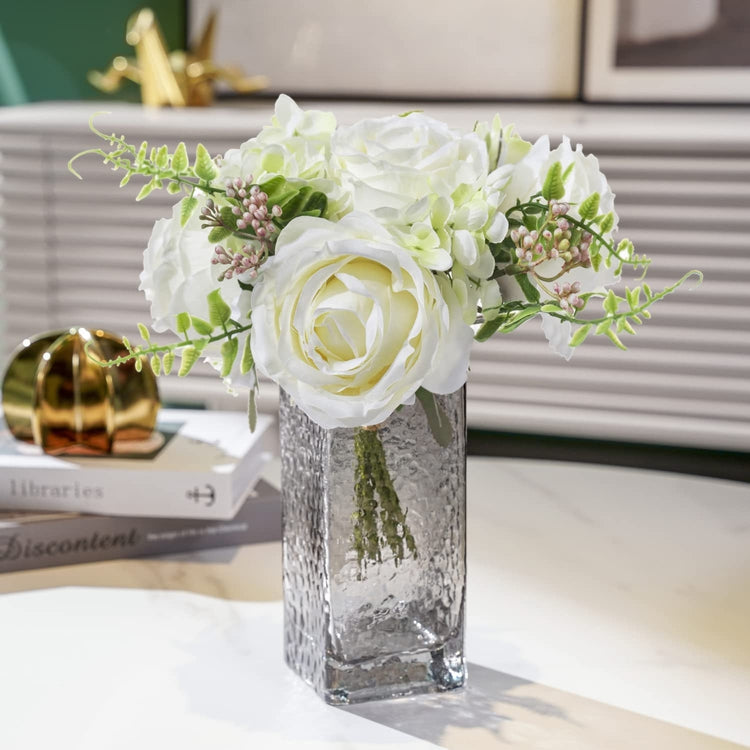 White Artificial Roses, Fake Flowers Bouquet with Transparent Dark Gray Hammered Glass Rectangular Vase with Gold Rim-MyGift