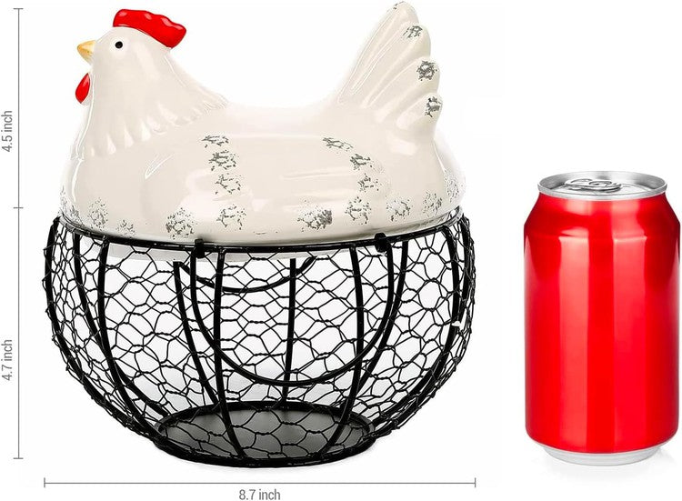 Black Metal Egg Storage Basket with White Ceramic Chicken Top Lid and Handles, Fresh Egg Container Holder - Holds up to 30 Eggs-MyGift