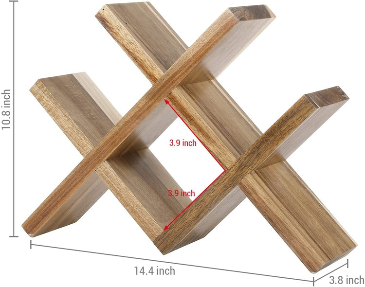 Acacia Wood 4-Bottle Countertop Wine Bottle Storage Rack with Modern X Design-MyGift