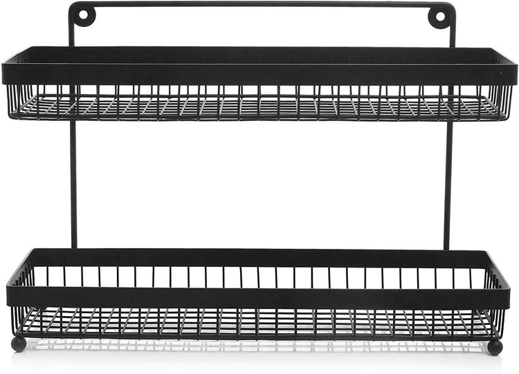 Black Metal Wall Mountable Kitchen Spice Rack, 14-Inch, 2-Tier Wire Countertop Storage Shelves-MyGift