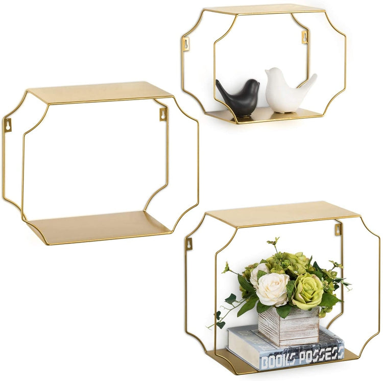 Set of 3 Metal Floating Wall Shelves with Vintage Brass Tone Wire Framing-MyGift