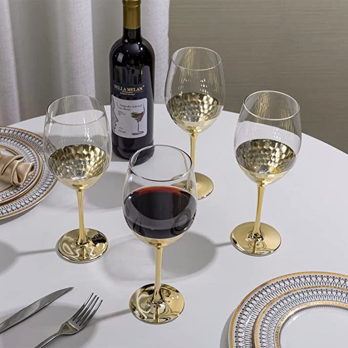 Modern Brass Tone Stemmed Wine Glasses with Hammered Base Design, Set of 4