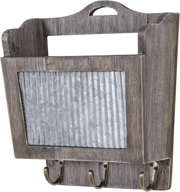 Wall Mounted Weathered Gray Wood and Corrugated Galvanized Metal Mail Basket with Key Hooks
