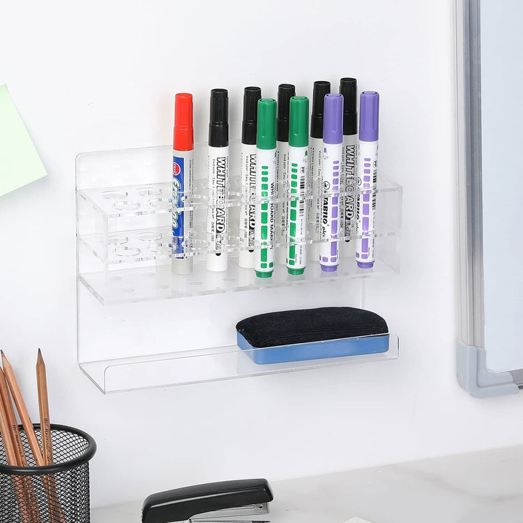 16 Slot Wall Mounted Clear Acrylic Dry Erase Whiteboard Marker Holder with Eraser Storage Shelf-MyGift