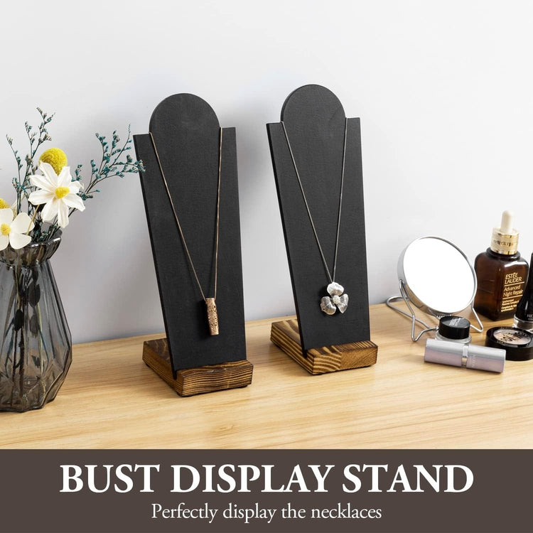 Set of 2, Black Necklace Easel Stand with Detachable Burnt Wood Base, Tabletop Neck Form Jewelry Holder Display Rack-MyGift