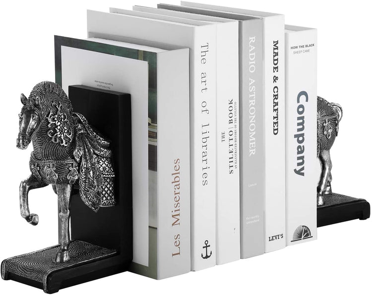 2 Piece Set, Silver Resin Cavalry War Horse Bookends with Black Wood Backing-MyGift