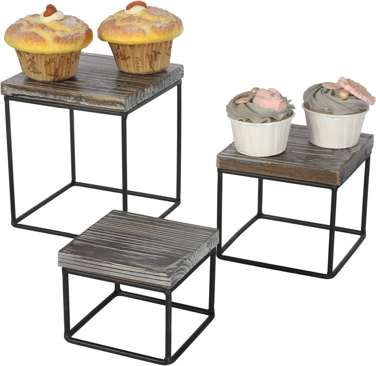 Set of 3, Torched Wood and Black Metal Square Cupcake Stands, Food Dessert Display Risers, Retail Merchandise Stands-MyGift