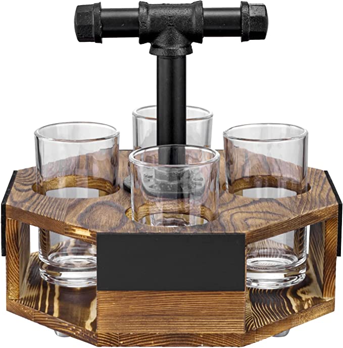 Burnt Solid Wood Octagon Beer Flight Serving Caddy with Metal Pipe Handle,Beer Glasses and Chalkboard Label Panel-MyGift