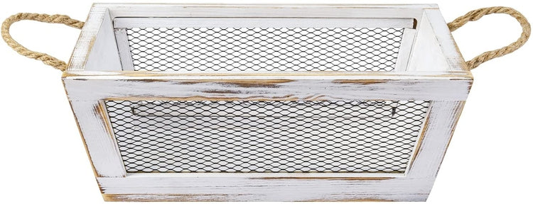 Wooden Fruit Basket, Whitewashed Wood Storage Bin with Wire Mesh Sides, Rope Handles and Cursive FRUIT Label-MyGift