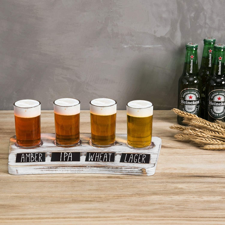 4-Glass Whitewashed Wood Beer Flight Sampler Serving Tray with Chalkboard Labels-MyGift