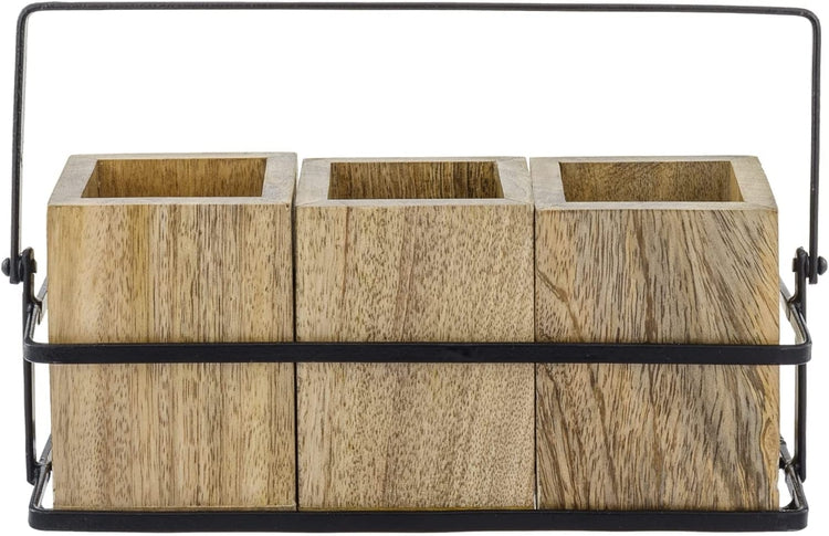 Mango Wood Flatware Holder with Black Metal Wire Tray, Kitchen Countertop Dining Utensil Caddy-MyGift