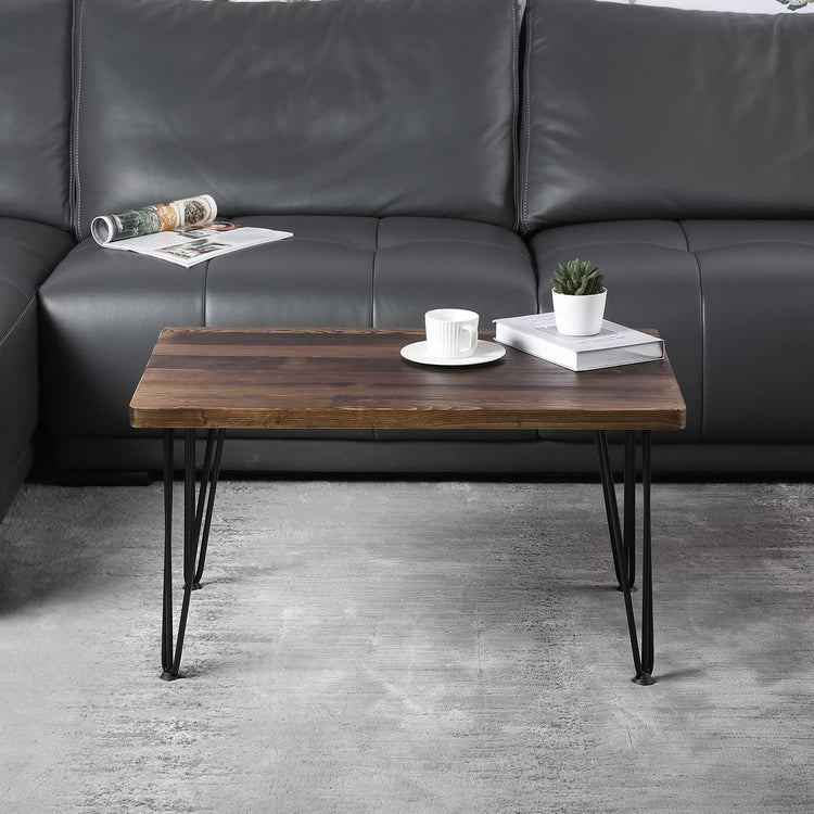 Dark Brown Burnt Wood Rectangular Coffee Table, Side Accent Table with Matte Black Metal Wire Hairpin Legs-MyGift