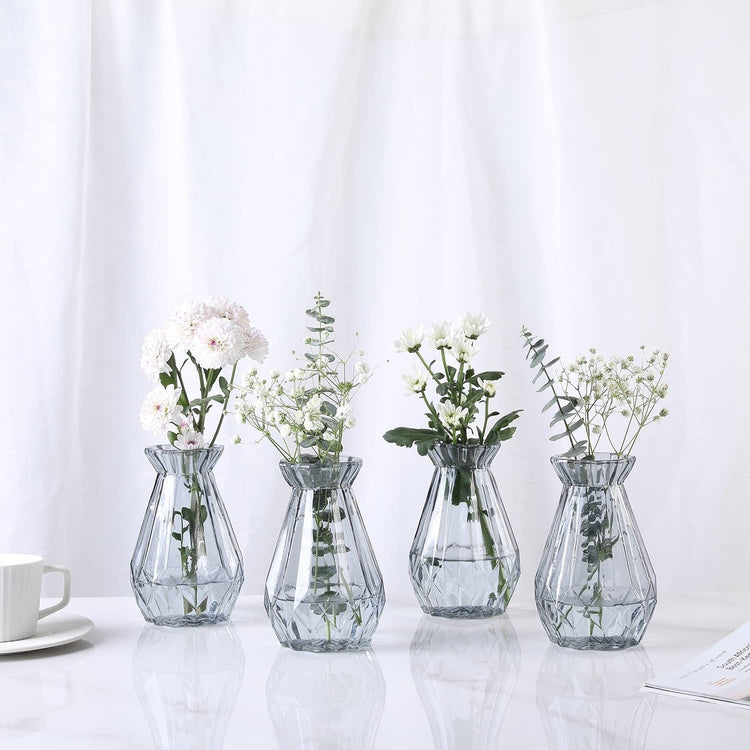 Set of 4, 6 Inch Clear Gray Glass Diamond-Faceted Decorative Flower Vases Centerpiece Bud Floral Arrangements-MyGift