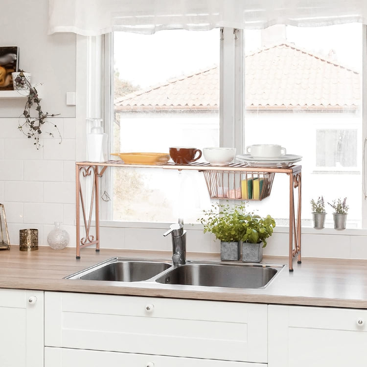 Copper Metal Kitchen Sink Rack Organizer Expandable Over Sink Storage Shelf with Pull Out Drawer and Scrollwork Design