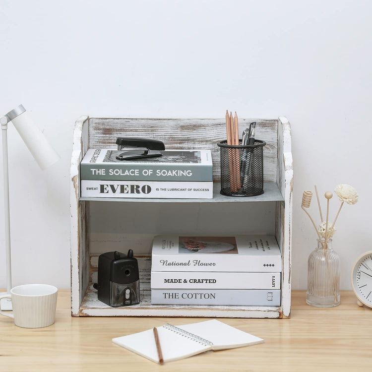 Whitewashed Wood Desk Shelf with Galvanized Metal Top Shelf, 2 Tier Desktop Bookshelf, Stationery Storage Organizer-MyGift