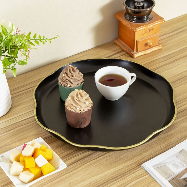 Art Deco Matte Black Metal and Brass Tone Rim Serving Platter with Scalloped Edges, Round Vanity Tray Display-MyGift