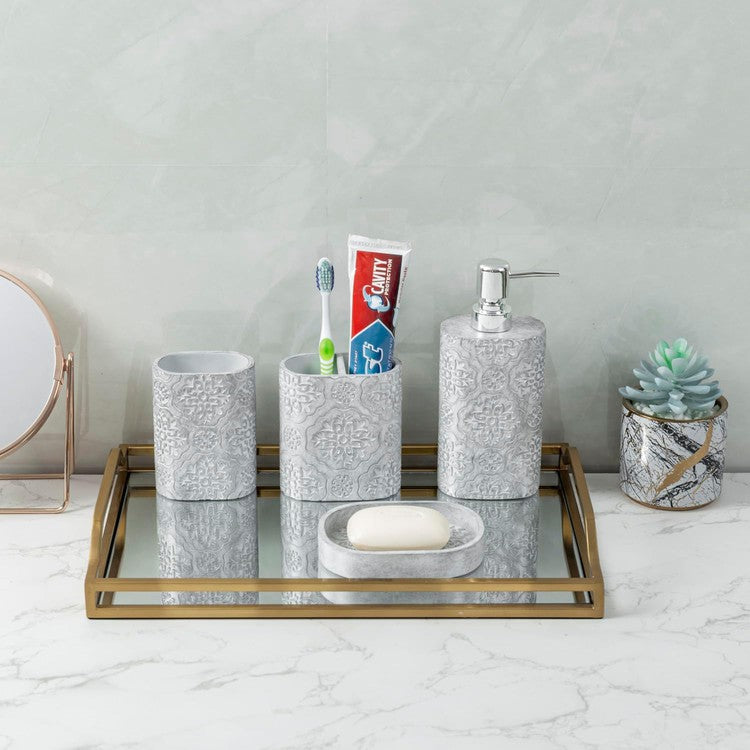 Etched Flower Gray Resin Vanity Set with Liquid Soap or Lotion Dispenser, Toothbrush Holder, Tumbler Cup and Soap Dish-MyGift