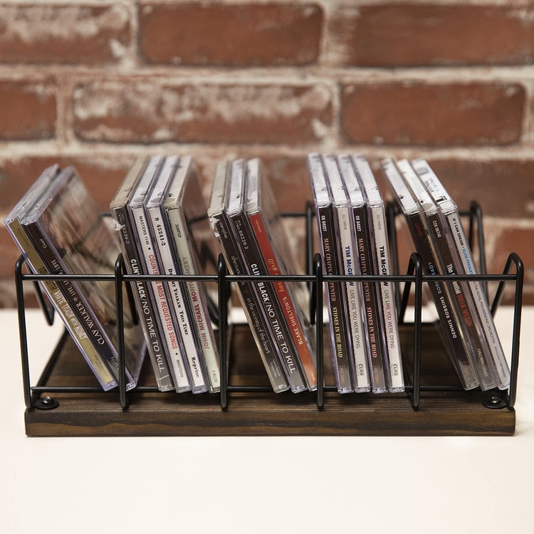 Industrial Burnt Wood and Matte Black Metal CD Storage Rack, Holds 25 CD Cases-MyGift