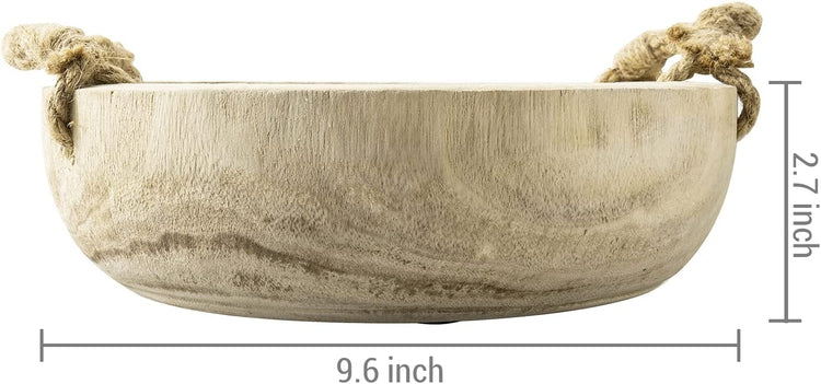 Handmade Paulownia Wood Decorative Round Fruit Bowl with Rope Handles, Serving Bowl Tabletop Home Décor-MyGift