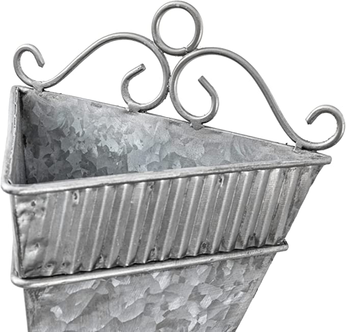 Galvanized Metal Triangular Sconce Wall Vase w/ Corrugated Bands & Scrollwork Design-MyGift