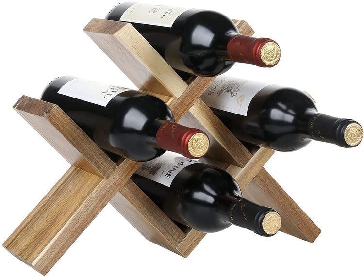 Acacia Wood 4-Bottle Countertop Wine Bottle Storage Rack with Modern X Design-MyGift