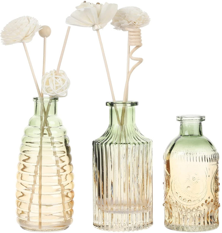 3 Pieces, Apothecary Glass Embossed Vases, Diffuser Bottles with Horizontal Vertical Ribbed Textures in Amber and Green-MyGift