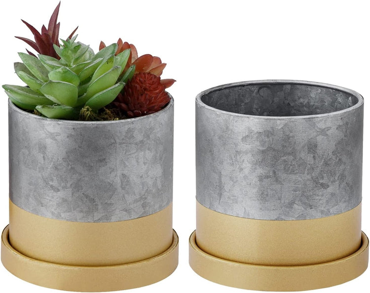 Set of 2, 4-inch Cylindrical Galvanized Metal and Gold-Tone Mini Succulent Planter Pots with Trays-MyGift