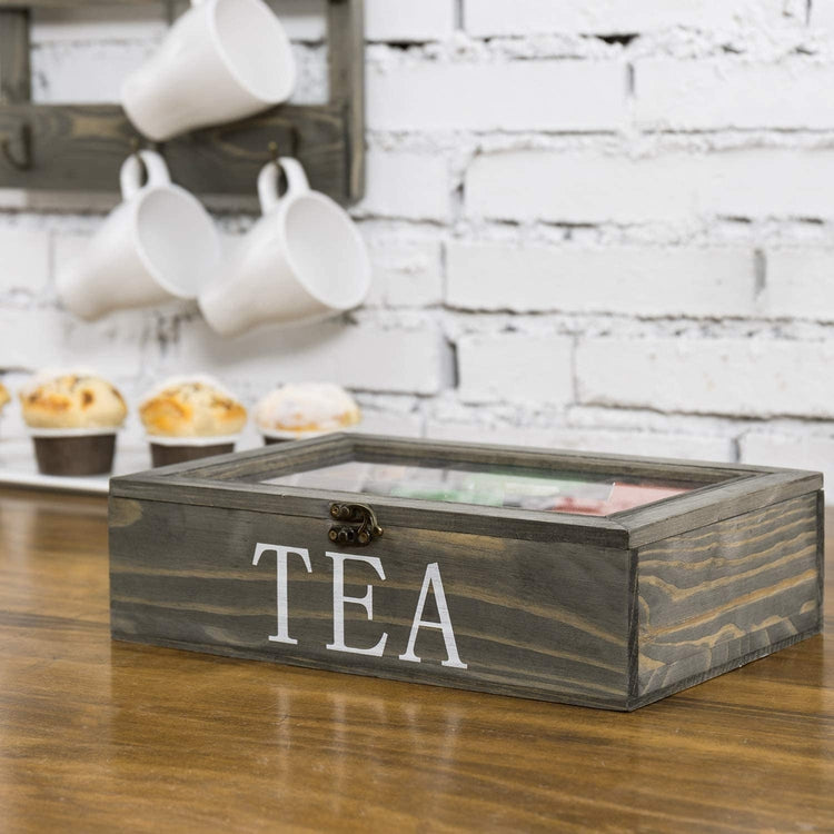 Vintage Gray Wood Tea Bag Storage Box with Clear Lid and