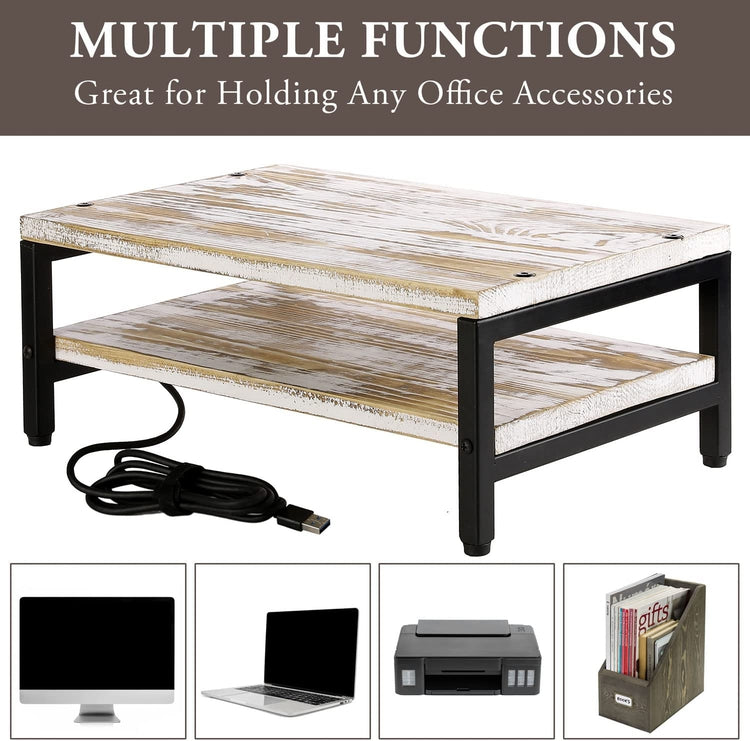 Monitor Stand Riser, Whitewashed Wood and Black Metal Ergonomic Computer Screen Desktop Workstation with USB Ports-MyGift