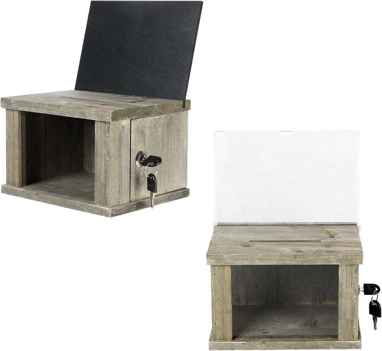 Set of 2, Gray Wood Lockable Suggestion Box, Donation Box with Removable Chalkboard and Acrylic Sign Holder-MyGift